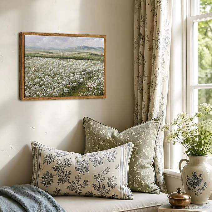 Framed Vintage Landscape Wall Art, Country Wildflower Field Pictures Wall Decor, Rustic Nature Flower Paintings Canvas Prints Farmhouse Home Decor for Living Room Bedroom Bathroom 16x24 inch