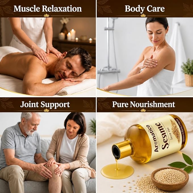 AROMATICO Sesame Oil for Massage - Ayurvedic Warm Massage Oil with Cold Pressed Sesame for Muscle Relaxation & Daily Abhyanga |10 Fl Oz