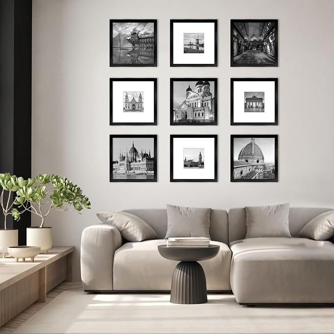 12x12 Picture Frame Set of 9, Display Pictures 8x8 with Mat or 12x12 without Mat, Multi Collage Gallery Square Photo Frames for Wall or Tabletop, Black