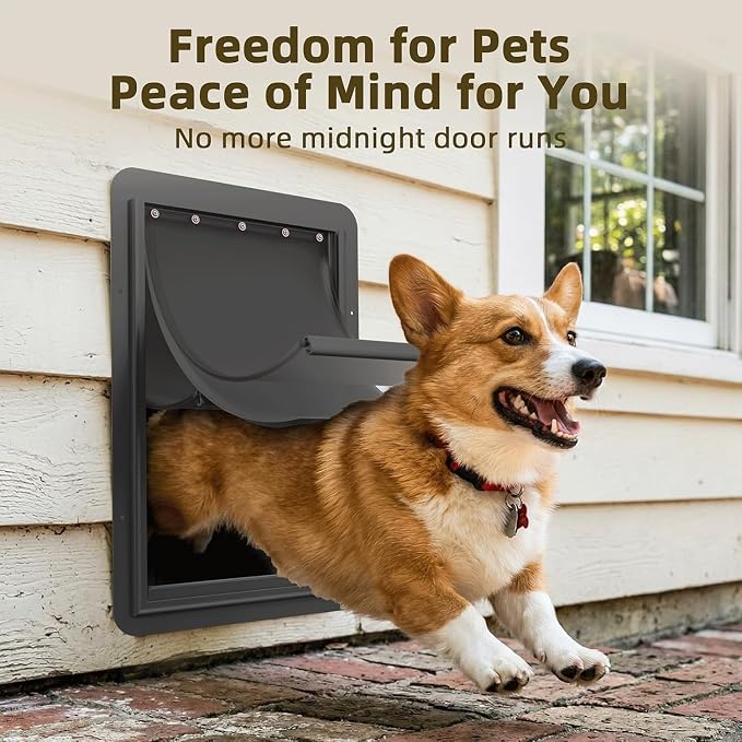 URSPET Medium Dog Door for Wall, 3-Flap Insulated, Steel Frame, Black | 8.25 x 12.25 in Usable Opening, For 4.3-7.8 in Walls, Compatible with PetSafe Wall Cutouts, Lock Panel, Replaceable Flaps