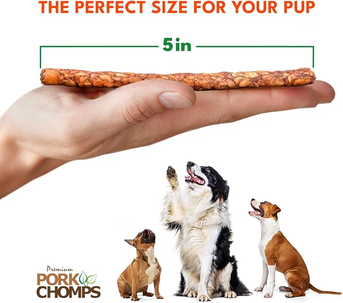 Pork Chomps Dog Chews, 5 in Munchy Sticks, Assorted Flavors, 50 Count | Oven-baked from real pork skin - a rawhide-free chew that's low in fat, high in protein, and easy to digest