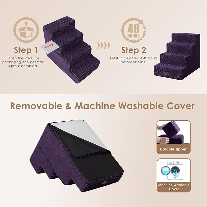 EHEYCIGA Dog Stairs for Bed 18" H, Dog 4-Steps for High Bed, Purple | Pet Steps for Small Dogs and Cats, Non-Slip Balanced Pet Ramp Indoor
