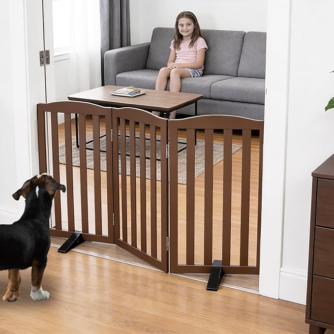 ZJSF Foldable Freestanding Indoor Dog Gate for House Wood Long Pet Gates Dog Fence for Stairs Puppy Gates for Hallways, Puppy Gate,Support Feet Included, Brown, 24 "Height-3 Panels