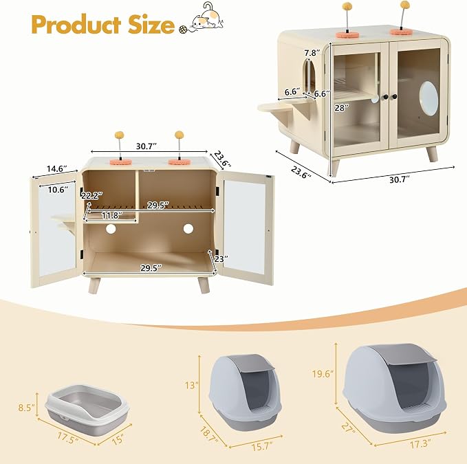 TV-Style Cat Cabinet with Side Steps, Litter Walkway, Dual Glass Doors, RGB Ambient Lighting, Interactive Pom-Pom Toys, Indoor Cat House Side Table, MDF & Glass Construction, Beige
