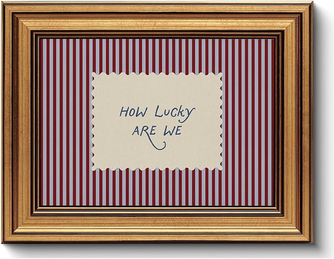 How Lucky Are We Gold Framed Wall Art Striped Quotes Wall Decor Art | Preppy Inspirational Picture Canvas Art Funky Vintage Small Framed Prints Artwork For Apartment Dorm Bedroom Vanity Bookshelf