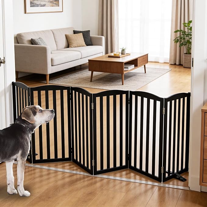 ZJSF Foldable Freestanding Indoor Dog Gate for House Wood Long Pet Gates Dog Fence for Stairs Puppy Gates for Hallways, Puppy Gate,Support Feet Included, Black, 32 "Height-6 Panels