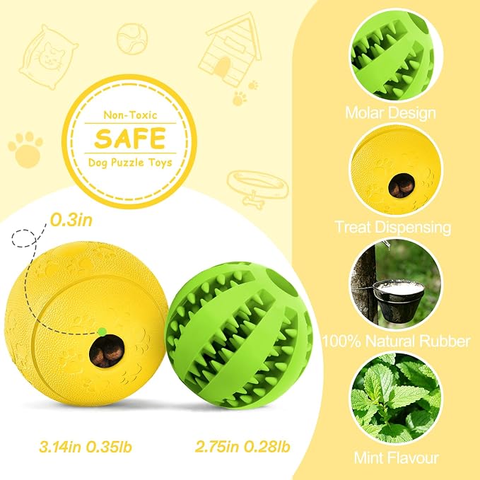 HIPPIH Dog Puzzle Toy 2 Pack, Interactive Dog Toys for Treat Dispensing | Durable Puppy Enrichment Toys, Dog Treat Ball for Teething, Slow Feeder, IQ Training, Green-2.75'', Yellow-3.14''