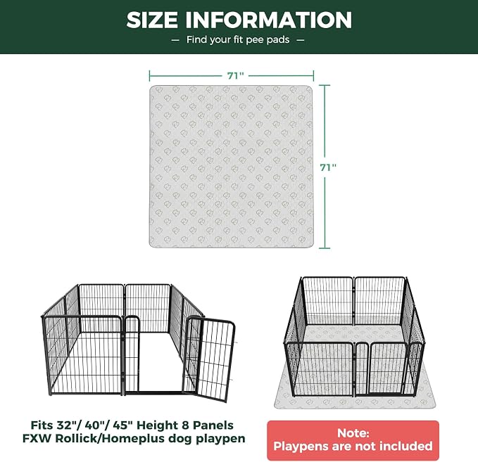 FXW Washable Pee Pads for Dogs, Super Absorbent, 71" Square, 2 Packs | Machine washable, Non-slip backing, Fits 32"/40"/45"H 8-Panel FXW Rollick/Homeplus Playpens