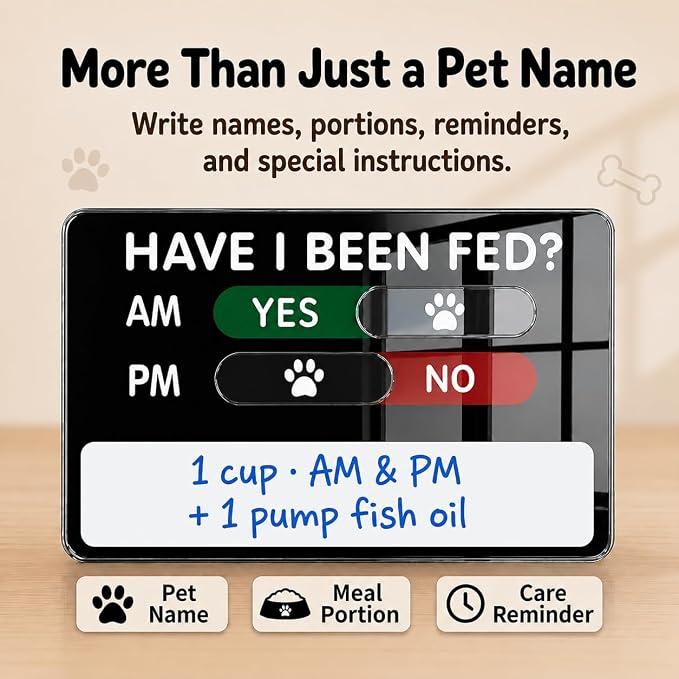 Dog Feeding Reminder Sign with Magnet, Pet Feeding Reminder Sign, Daily Pet Feeding Chart, Dog Feeding Calendar, AM/PM Pet Feeding Tracker, Writable Whiteboard Area for Pet Names & Notes