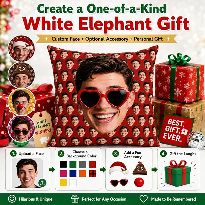 Bemaystar Custom Face Pillow, Funny White Elephant Gifts for Adults, Personalized, Custom Photo Pillow Cover, Gag Gifts for Friends Family Coworkers, Unique