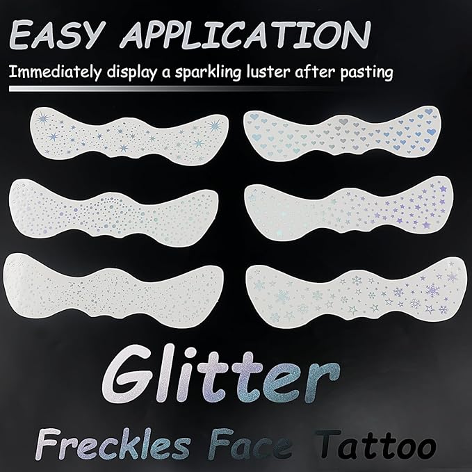 Glitter Freckles Face Tattoo, 6 Sheets Silver Face Glitter Temporary Tattoo Stickers, Sparkle Freckles Metallic Face Gems, Glitter Face Makeup Speckles Fake Tattoo for Women and Girls (silver)