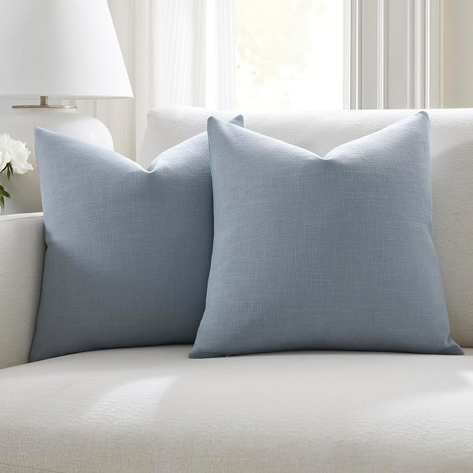 Meekio Set of 2 Powder Blue Throw Pillow Covers 22x22, Modern Farmhouse Linen Blend Decorative Pillow Covers for Couch Sofa Bed, Neutral Home Decor
