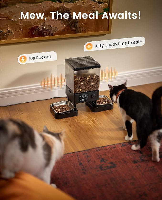 oneisall Automatic Cat Feeder for 2 Cats Pets, Timed Cat Food Dispenser | 20 Cups/5L, Prevent Fighting, Precise Portion, Balanced Dispense, Non-Slip & Stable, Voice Recorder, Stainless Steel Bowls