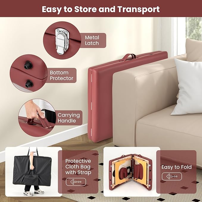 Giantex Massage Table, Portable Massage Bed w/Carrying Case, 2-Section Salon Spa Facial Care Tattoo Bed, Height Adjustable, Wood Frame, Professional Massage Lash Bed for Eyelash Extension (Red)