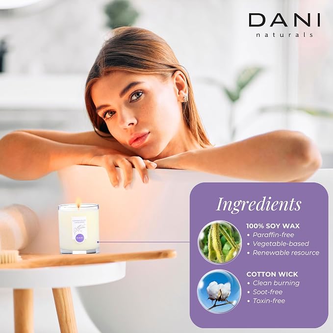 DANI Naturals Lemongrass Lavender 100% Soy Wax Candle, Non-Toxic, 7.5oz | Vegan,soy wax candle,Clean-burning with organic cotton wick,Calming lemongrass lavender scent,Made in USA