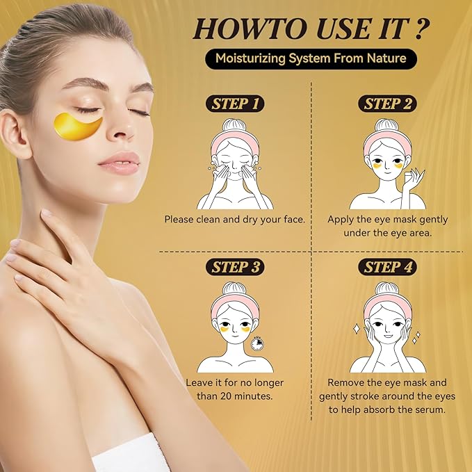 24k Gold Under Eye Patches, 60 Pcs Hydrogel Eye Mask Skincare with Collagen and Hyaluronic Acid for Puffiness, Dark Circles and Fine Lines, Cooling Under Eye Mask for Women and Men