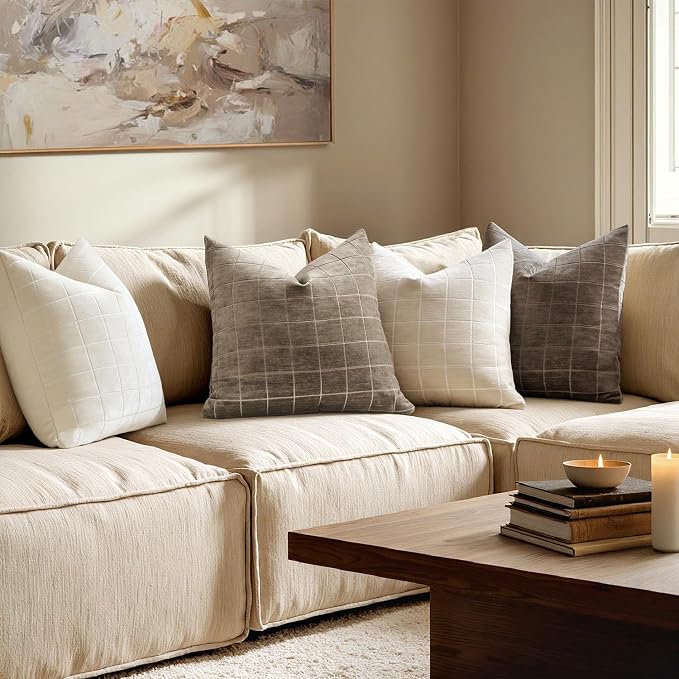 MIULEE Taupe Grey Plaid Decorative Fall Throw Pillow Covers 20x20 Set of 2 | Vintage, Check Chenille Couch Pillows, Boho Farmhouse Cushion Covers, Modern Home Decor for Sofa Bed Living Room