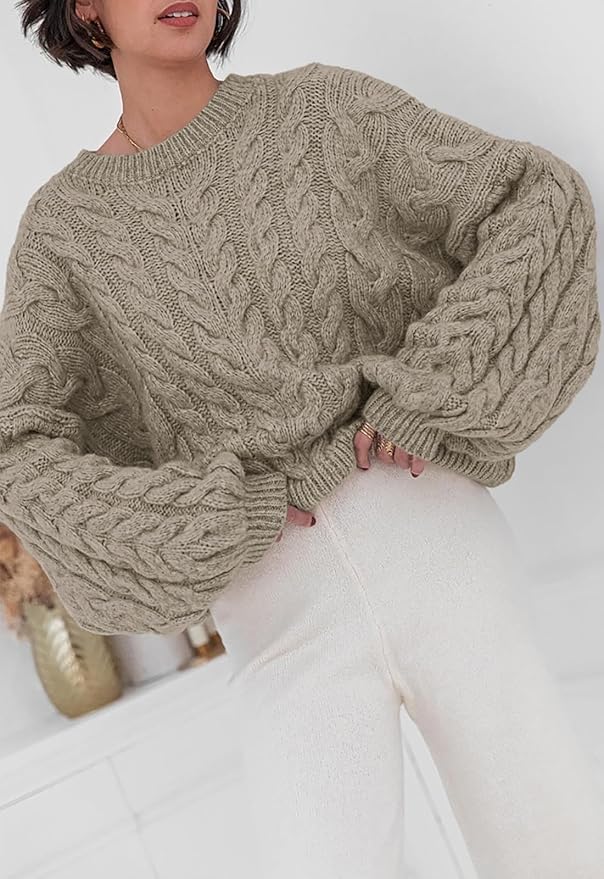 PRETTYGARDEN Womens Sweaters Spring 2026 Cable Knit Long Sleeve Crewneck Oversized Sweater Chunky Pullover Loose Outfits