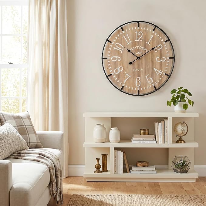EMAX HOME 24 Inch Large Farmhouse Wall Clock - Rustic Antique Wood, Silent Battery Operated Clock for Office Kitchen Bedroom Living Room