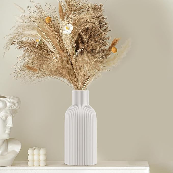 White Ceramic Flower Vase, Minimalist Modern Home Decor, Matte Finish Pampas Grass Vase for Table, Fireplace, Shelf, Mantel, Entryway and Centerpieces