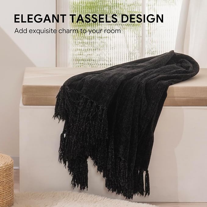 RECYCO Chenille Throw Blanket for Couch, 60"x80", Black | Super Soft Knit Throw Blanket with Fringe Tassels, Lightweight Knitted Throw, Cozy, Ideal for Sofa Chair Bed Living Room Gift