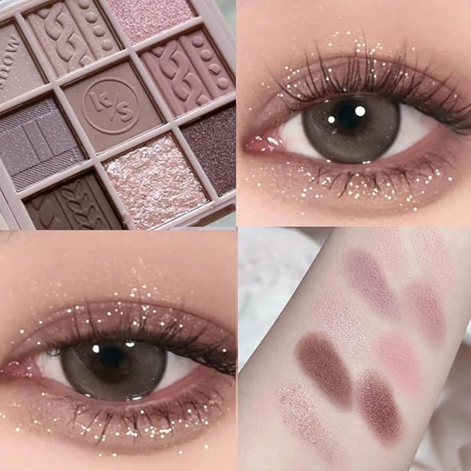 9Color Eyeshadow Palette Makeup, Matte Glitter Shimmer Korean Eye Shadow Palettes, Highly Pigmented Long Lasting Waterproof Blendable, Knit Violet Rose Gold Purple Pink Dark Brown Glitter Eye Makeup
