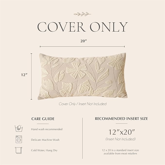 Decorative Lumbar Pillow Cover 12x20, Beige Neutral Accent Velvet Throw Pillowcase for Couch Sofa Living Room, Floral Tufted Rectangular Cushion, Cover Only