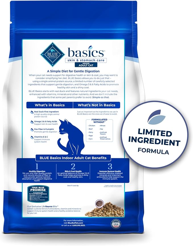 Blue Buffalo Basics Duck Grain-Free Skin & Stomach Care Dry Cat Food, 5 lb | Real Duck #1 Ingredient, Limited Ingredient Diet, Antioxidant-Rich LifeSource Bits, Skin & Coat Health