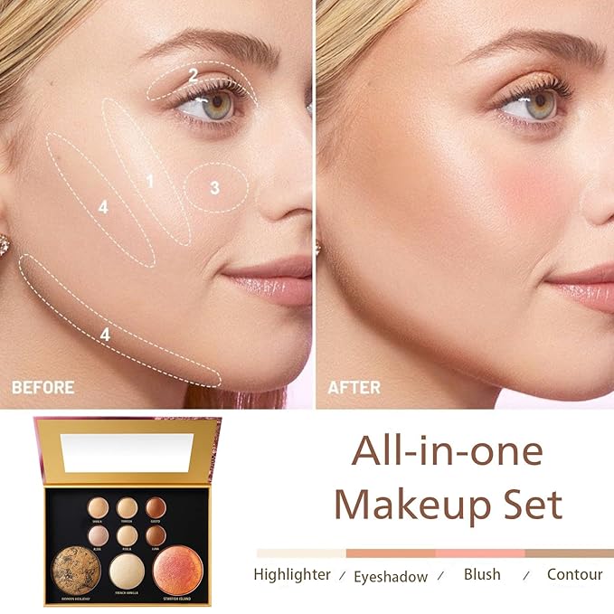 K'APEINE All in One Baked Makeup Palette, Eyeshadow, Blush Highlighter & Bronzer Face Kit Neutral Tones Baked Powder Palette with Matte Shimmer Finish Hign Pigment Full Face Makeup Gift Set for Women