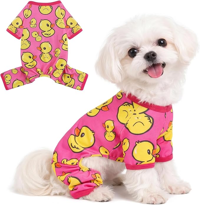 DaFuEn Dog Pajamas for Small Dogs, Soft Stretchy 4 Legs Puppy Jumpsuit, All Season Cozy Pet PJs for Chihuahua Yorkie Teacup Dogs, Cat Clothes (Red Duck, M)