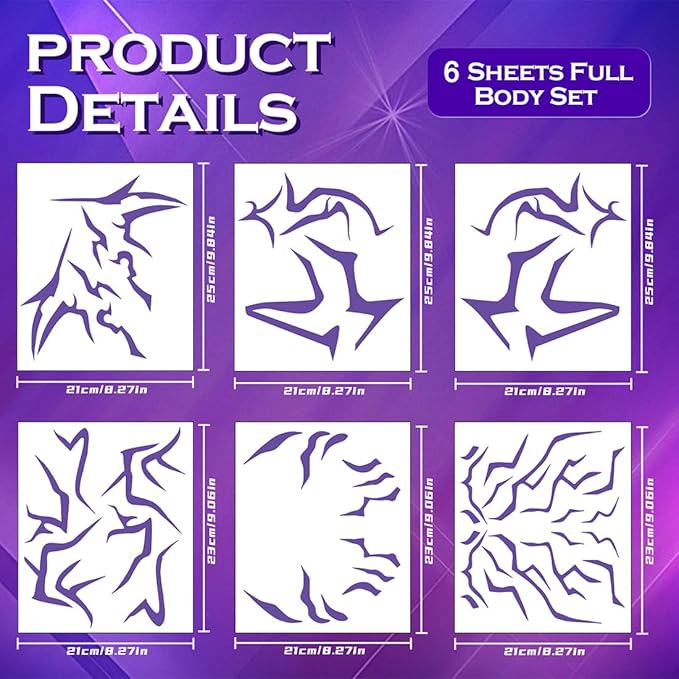 Cosplay Temporary Tattoos, 6 Sheets Purple Tattoos Waterproof Body Art Prop for Cosplay Halloween Party Makeup Realistic Accessories