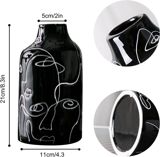 Kimdio Ceramic Vase Set, 2pcs Black Abstract Irregular Design Flower Vases, Modern Home Decor Living Room Decor Minimalist Decorative Vase for Pampas Grass