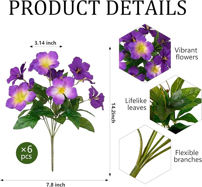 Fake Artificial Flowers for Outdoors 6 PCS Azalea Bouquet Silk Flowers for Outside UV Resistant Faux Flowers Plants for Outdoor Planters Realistic Spring Home Front Door Patio Garden Porch Decor