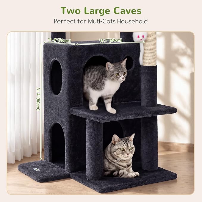 Globlazer Cat Tree Tower for Indoor Cats, 50-inch Adult Cat Tree House for Large Adult Cats with Steps, Scratching Post, 2 Cat Caves, Dangling Toys, FC50, Dark Grey
