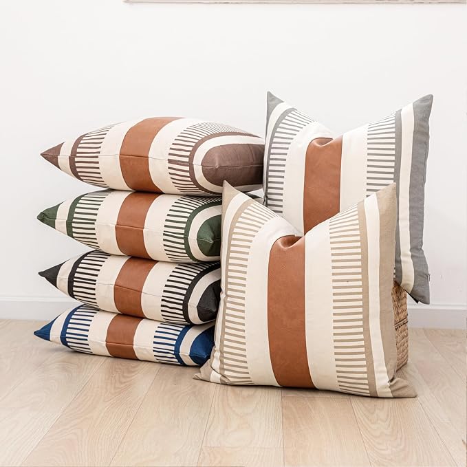 Farmhouse Stripe Pillow Cover 22x22 Boho Accent Cushion Case Faux Leather Decorative Pillowcase,Black and Beige (Cover ONLY, Pack of 2)