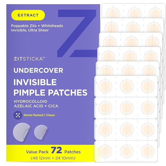 ZitSticka Undercover Invisible Pimple Patches for Face and Body - Ultra-Thin Hydrocolloid Acne Patches for Zits & Blemishes - Fast-Acting & Effective - 72 Count