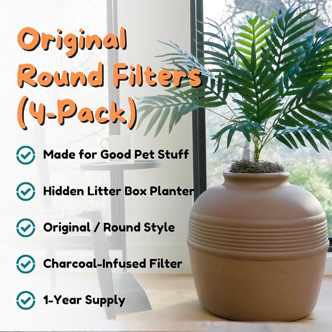 Good Pet Stuff Replacement Carbon Odor Control Filters for Hidden Litter Box Planter, Original Round Shape, Easy to Install, Odorless, Absorbs Smells, Sunlight Activated Charcoal Infused, 4 Pack