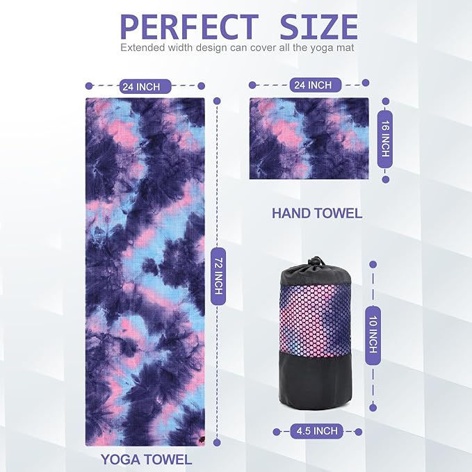 Eunzel 2 Pack Yoga Towel,Hot Yoga Mat Towel with Grip Dots Sweat Absorbent Non-Slip for Hot Yoga, Pilates and Workout 24" x72，The Deep Meditation