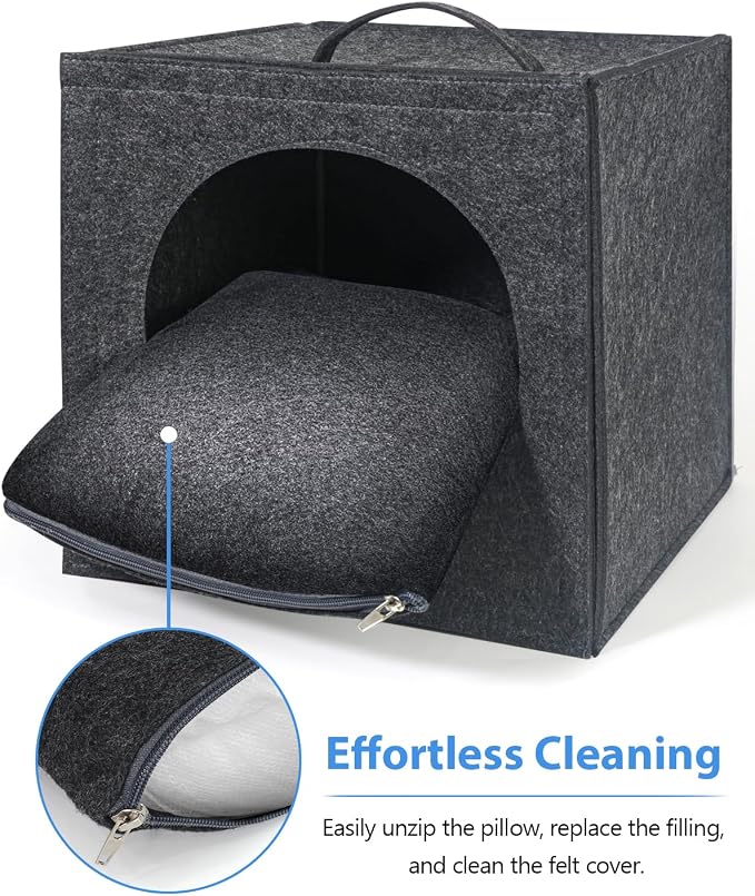 Cat Cave - 13 Inches Large House Hideout for Indoor Cats, Felt Bed With Pillow Inside, Cube Box, Cubby Covered Bed, Hut