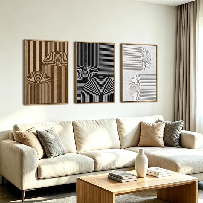 Extra Large Abstract Modern Wall Art Framed Dark Wall Painting Neutral Print Decor for Living Room Bedroom 24x36 Inches Set of 3