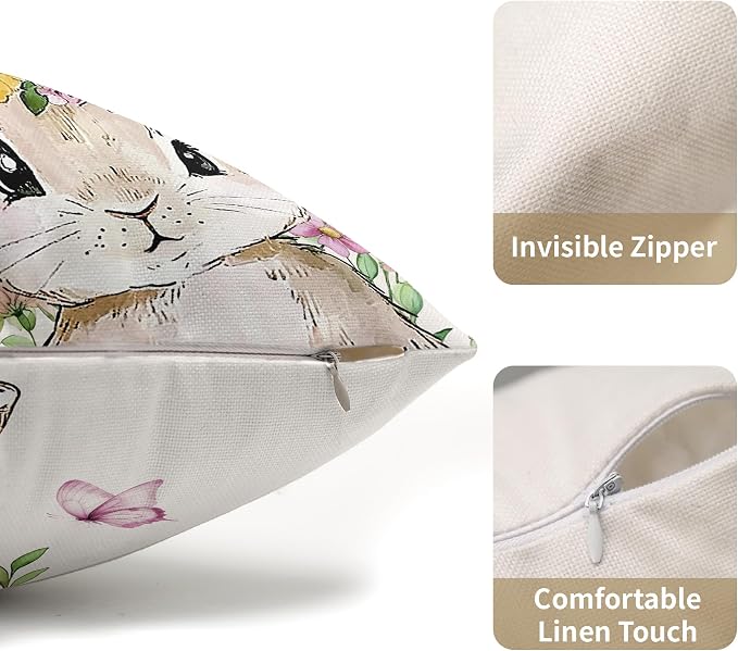 Spring Easter Bunny Lumbar Pillow Covers 12x20 Inch Set of 2 Pink Floral Leaf Rabbit Decorative Pillow Cases Outdoor Linen Square Cushion Cover Farmhouse Decor for Bedroom Home Sofa Couch Bed