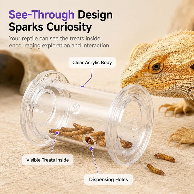 2 Pack Reptile Rolling Feeders with 2 Feeding Tweezers, Transparent Mealworm Treat Dispenser Toy for Bearded Dragons, Leopard Geckos, Lizards and Small Reptiles