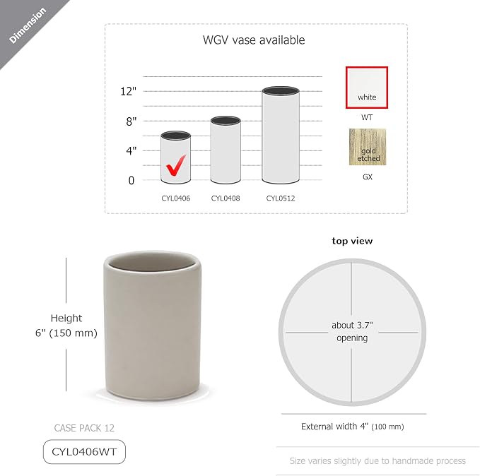 WGV Ceramic Cylinder Vase Width 4" Height 6" Elegant Unique Modern Matte Floral Container Planter Pot Centerpiece for Event Party Wedding Office Home Decor, Smooth White 1 Piece