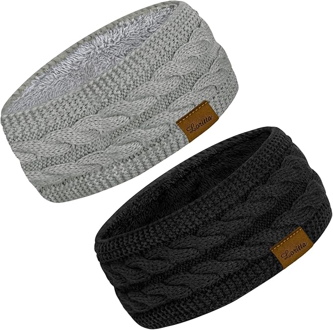 Loritta 2 Pack Headbands for Women Winter Warm Cable Knit Ear Warmer Thick Head Wrap Fuzzy Fleece Lined Gifts