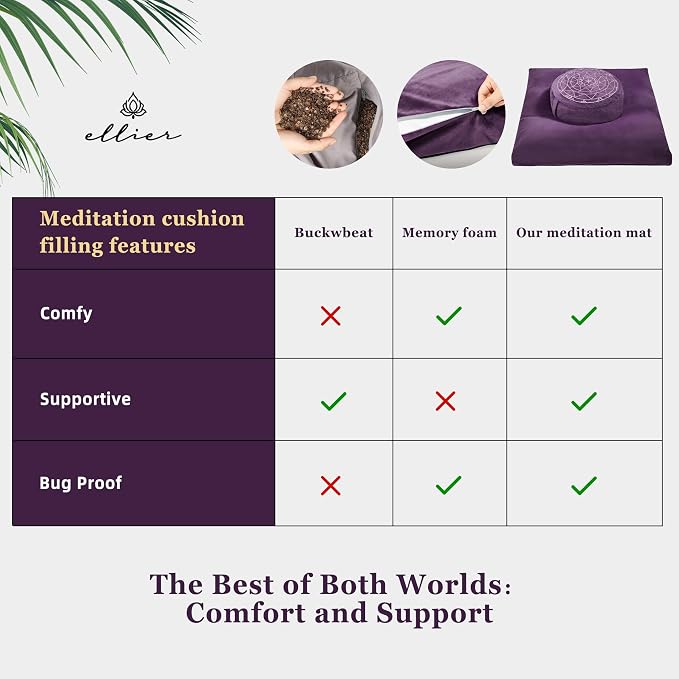 ellier Zafu & Zabuton Meditation Cushion Set - Buckwheat Hull & Memory Foam Pillows, Ergonomic Support for Yoga, Mindfulness - Organic Velvet Cover, Large Size, Purple