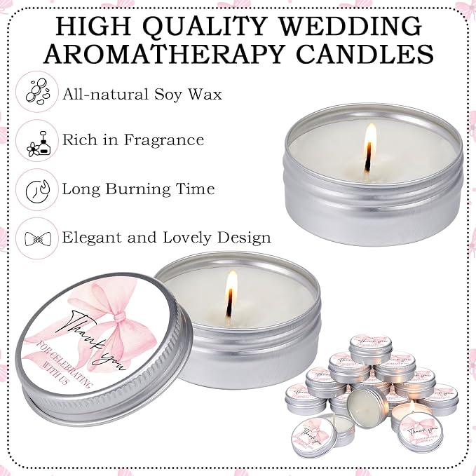 MTLEE 50 Pcs Bow Baby Shower Favors Scented Candles Gift Travel Tin Candle Aromatherapy Candle Favors for Baby Shower Wedding Gifts Compound Scent Essential Oil 1.57 x 0.67''