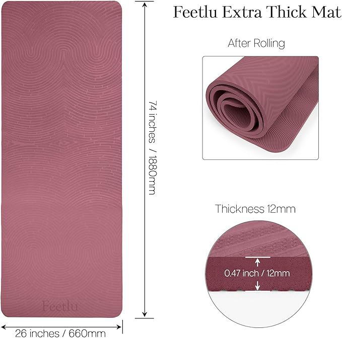 Extra Thick 12mm Exercise Mat – 74"L x 26"W Inch, Non-Slip, Joint-Friendly & Cushioned Fitness Mat for Yoga, Pilates & Floor Workouts – Durable, Supportive & Includes Feetlu Classic Strap