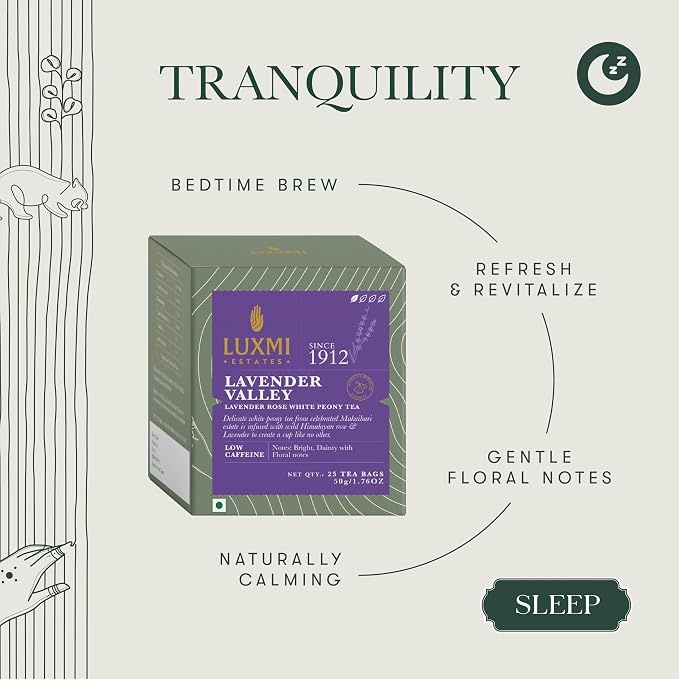 Luxmi Estates Lavender Valley Lavender Tea (25 Tea Bags) Low Caffeine Tea Bags For Relaxing, Calming, and Stress Relief, With Darjeeling Makaibari White Tea