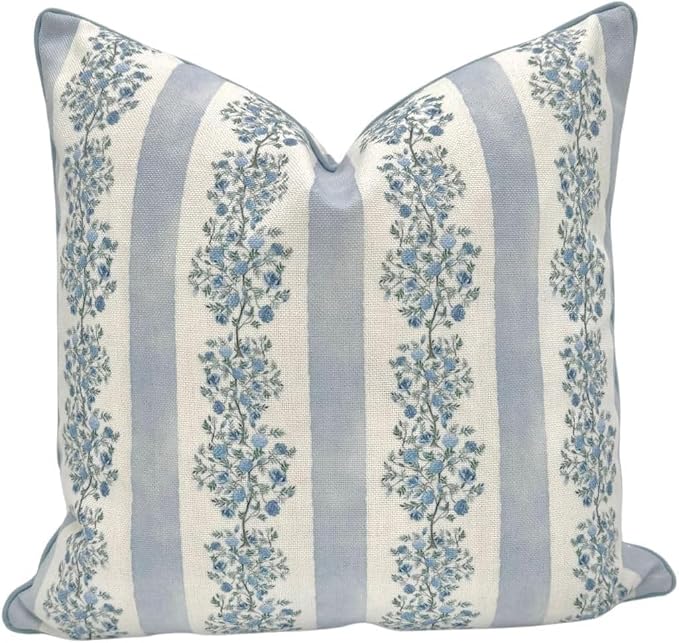 “The Juliet” Floral Block Print Pillow Cover – Soft Blue and Off-White Decorative Throw Pillow Cover – Grandmillennial Home Decor, 20" x 20"