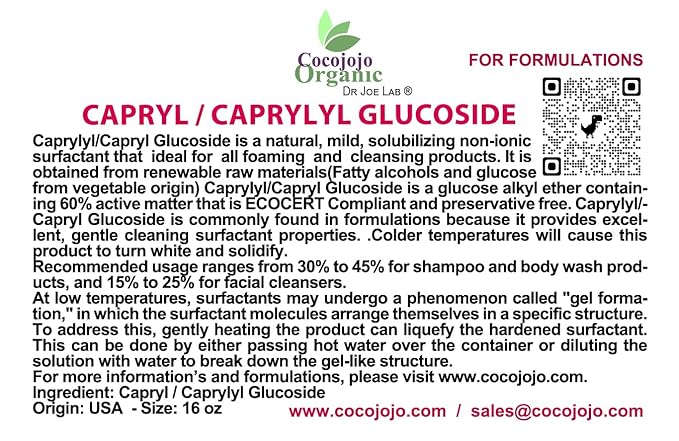 Dr Joe Lab Capryl Glucoside Liquid Surfactant - Caprylyl Natural, Plant Derived - DIY Skin Care - Shower Gels, Foaming, Body Soap, Shampoos Baby Products Face Cleansers - COCOJOJO (16 oz)